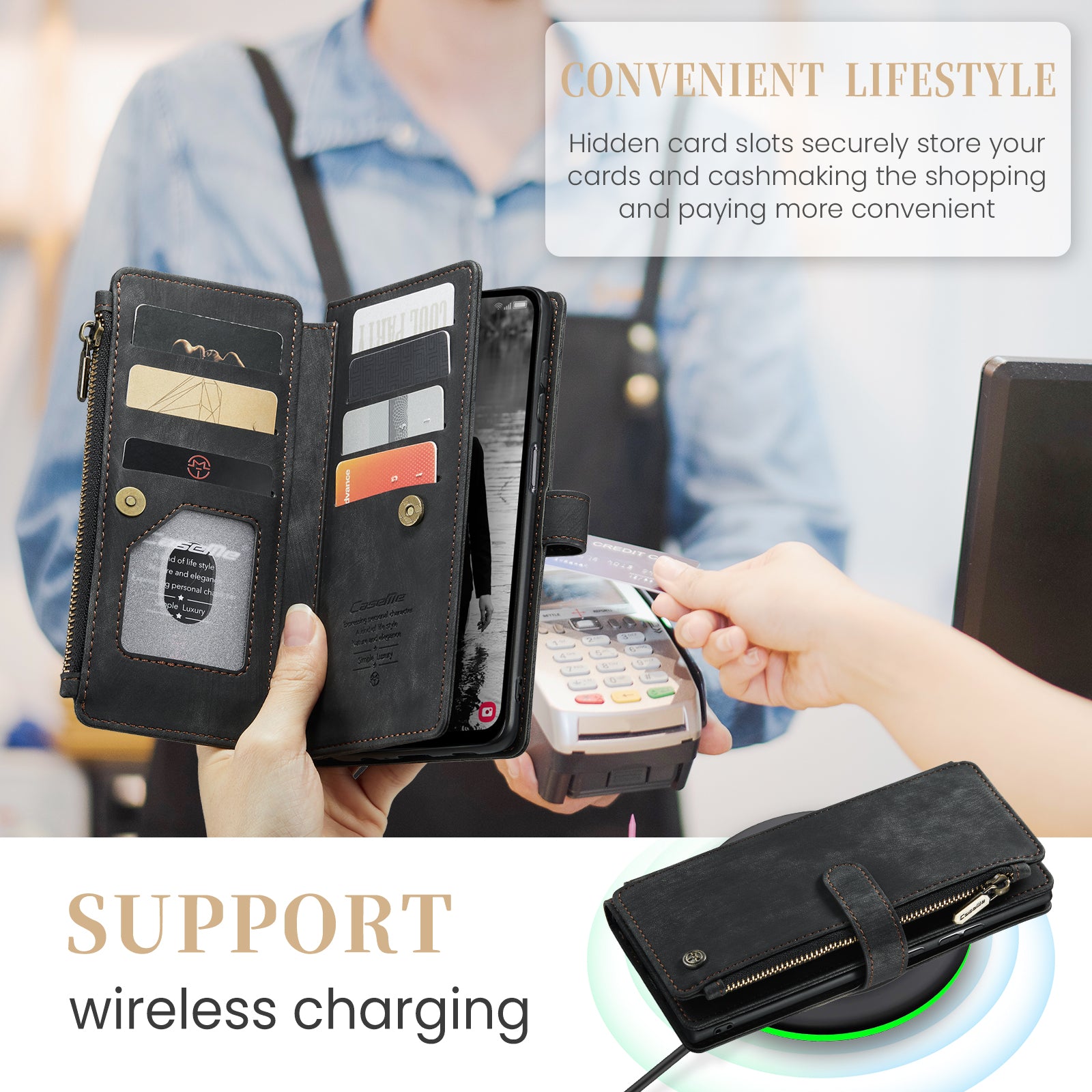 For Samsung Galaxy A16 5G / A16 4G Case CASEME C30 Series PU Leather 10 Card Slots Wallet Phone Cover - Black For Samsung Galaxy A16 5G / A16 4G Case CASEME C30 Series PU Leather 10 Card Slots Wallet Phone Cover - Black
